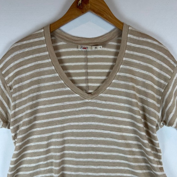 Faherty Womens Tan White Stripe 100% Oceanside Linen V-Neck Short Sleeve Tee XS - Picture 6 of 11